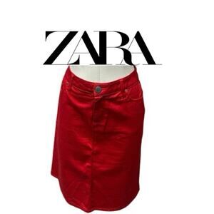 ZARA Red Denim Midi Skirt with Back slit